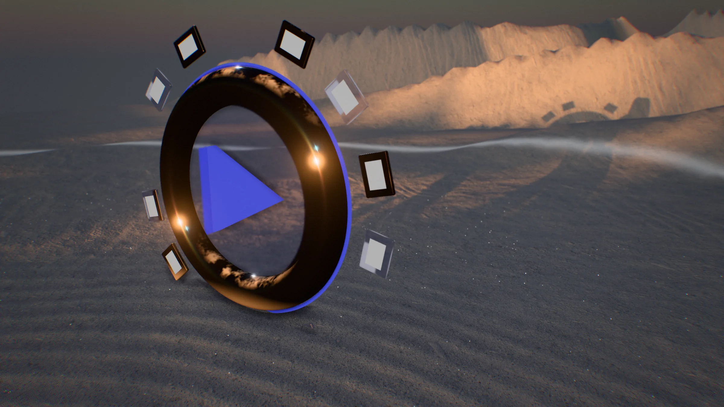 The cinematic video monument at dusk in the Innova8 dunes