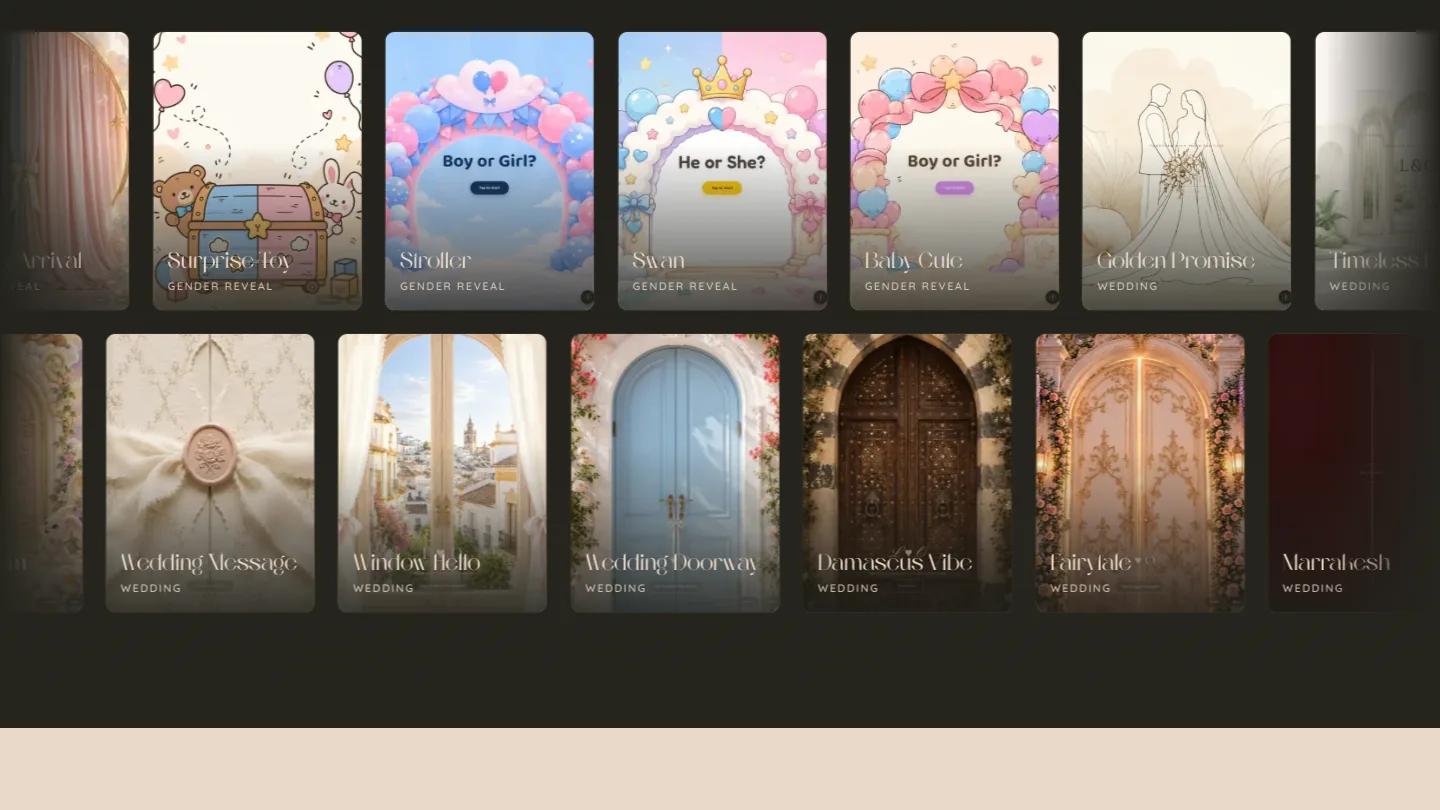 The template wall: weddings, gender reveals and new arrivals.