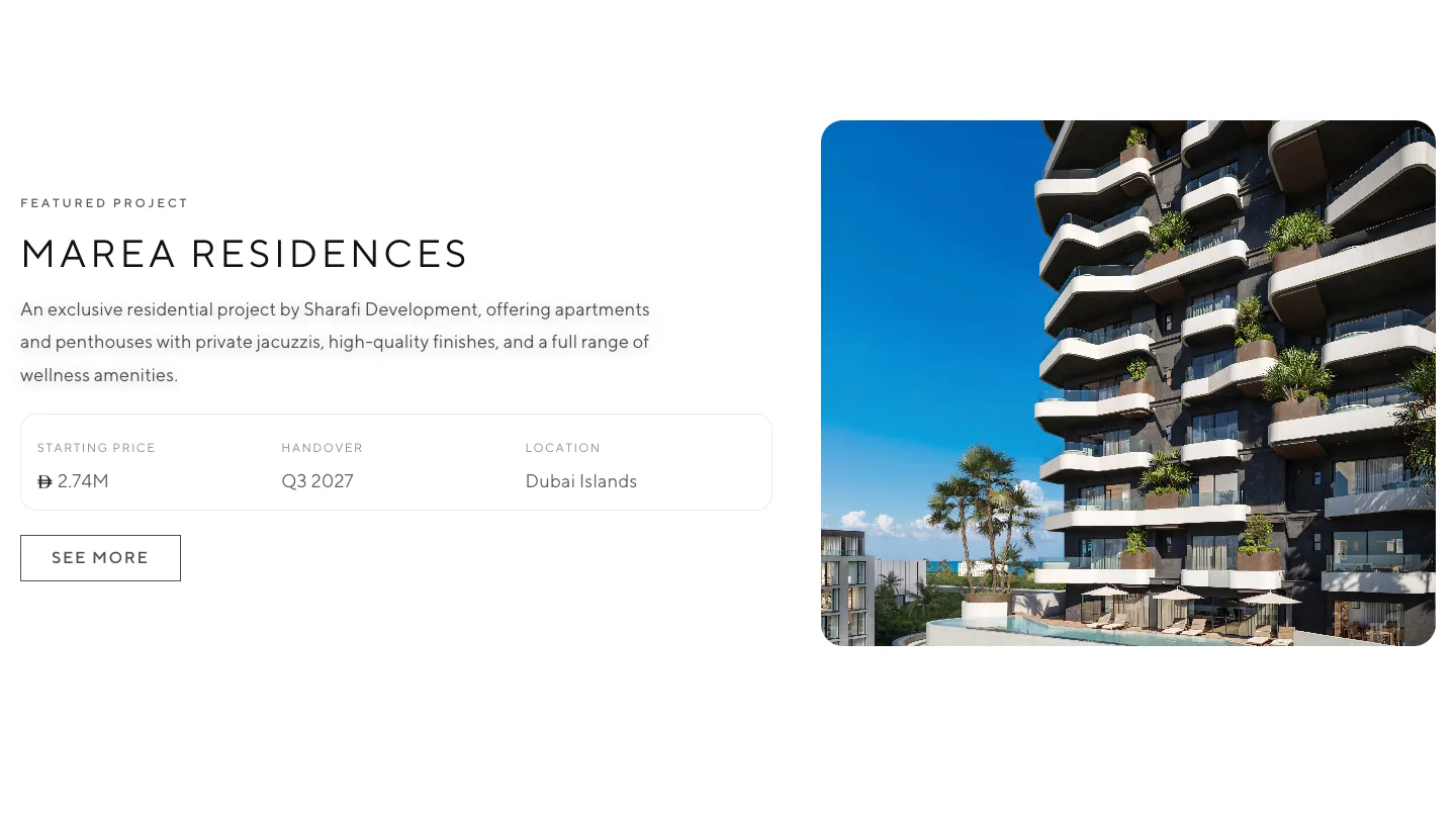 Marea Residences, the featured launch, with its key facts up front.